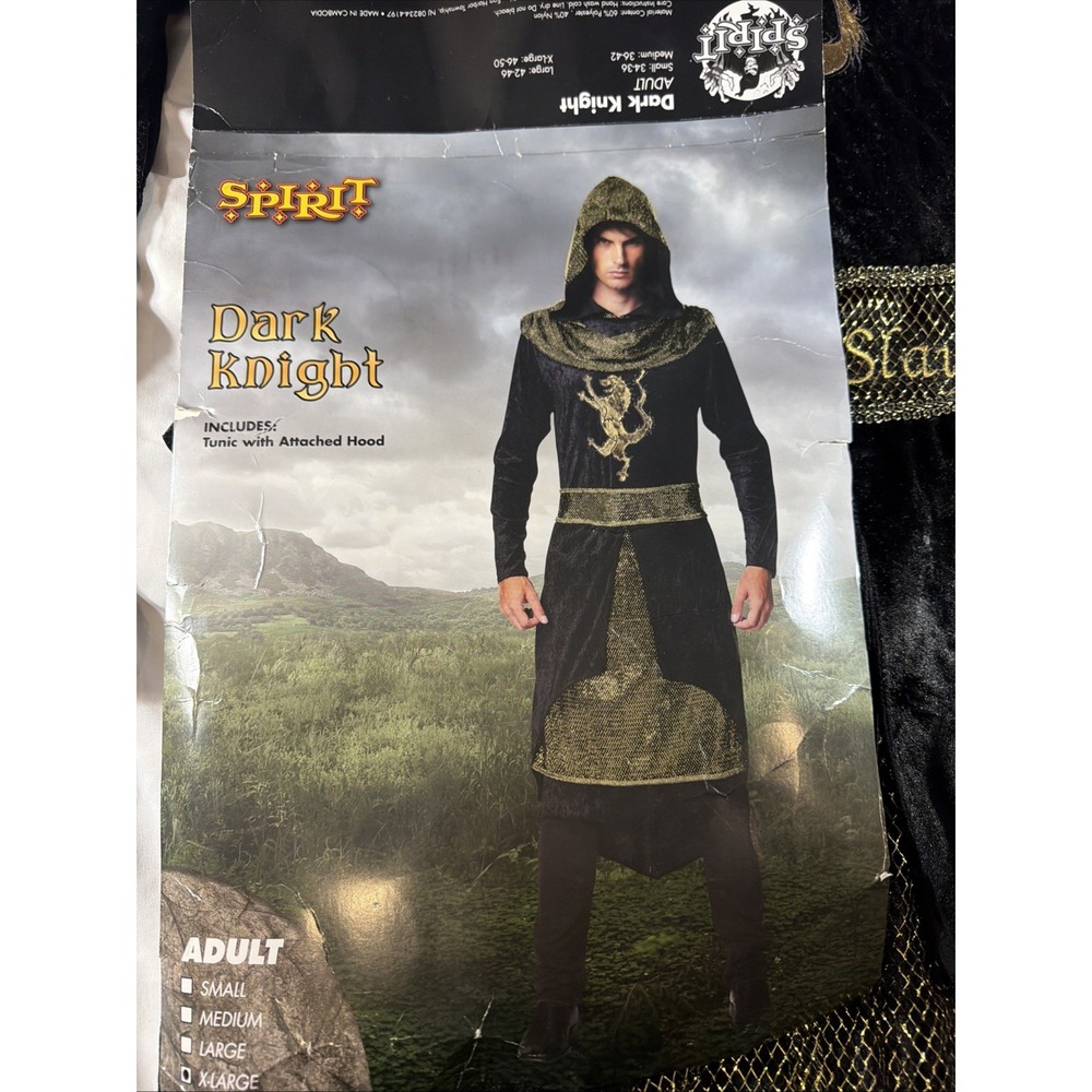 Spirit Dark Knight Adult XL Costume Medieval Knight Hooded Tunic Black Gold